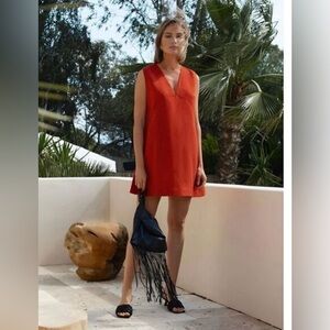 Commense Cotton & Linen Sleeveless Red V-Neck Mini Dress Cocktail Party M‎